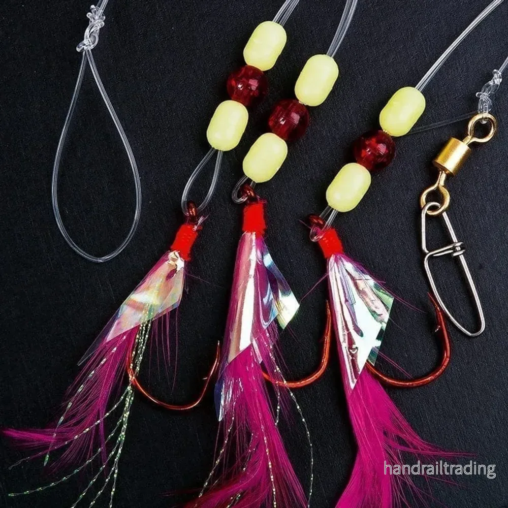 Deep sea rig with red feathers flasher and beads 3-hooks