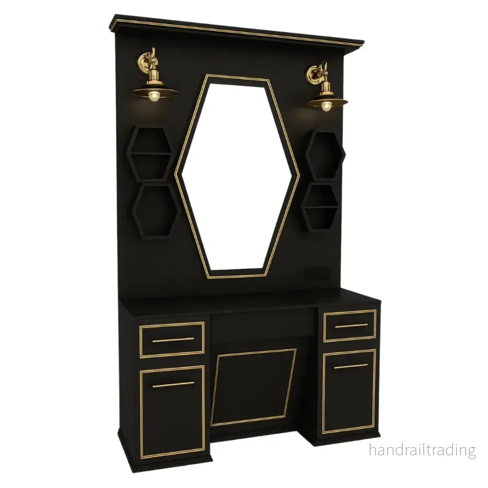 Barberarstation Svart & Guld – Lyxigt Spegelbord